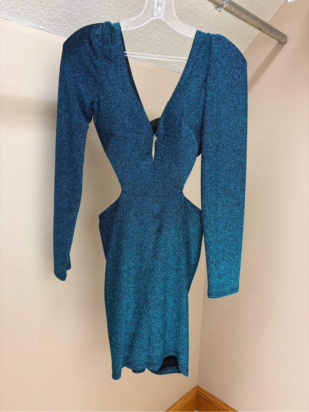 Sherri Hill Teal Sparkle Long Sleeve Cutout Dress
